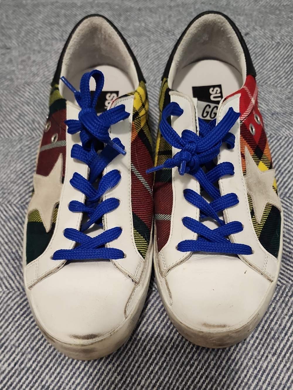 Golden Goose Superstar Plaid Low-Top Sneakers with Blue Laces - Picture 2 of 13
